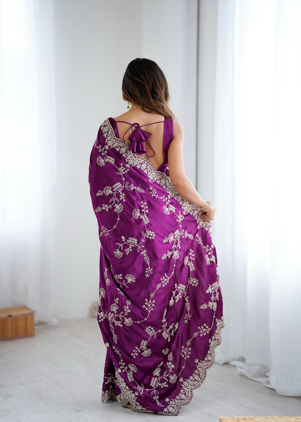Heavy Japan Satin Silk Saree with Coding & Sequin Embroidery
