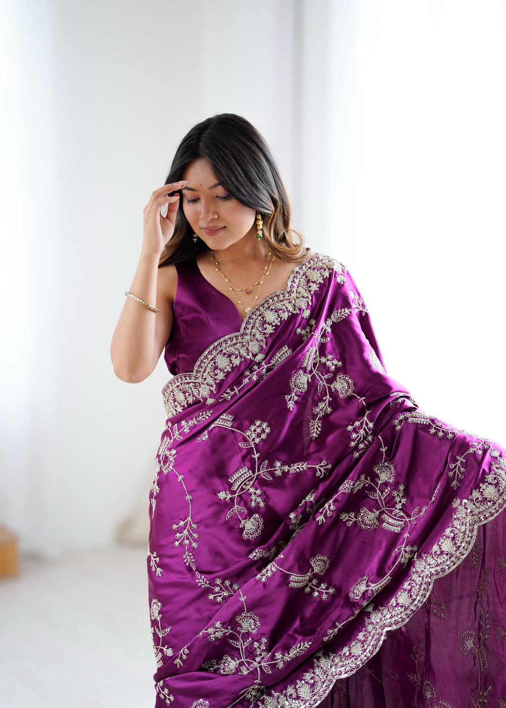 Heavy Japan Satin Silk Saree with Coding & Sequin Embroidery