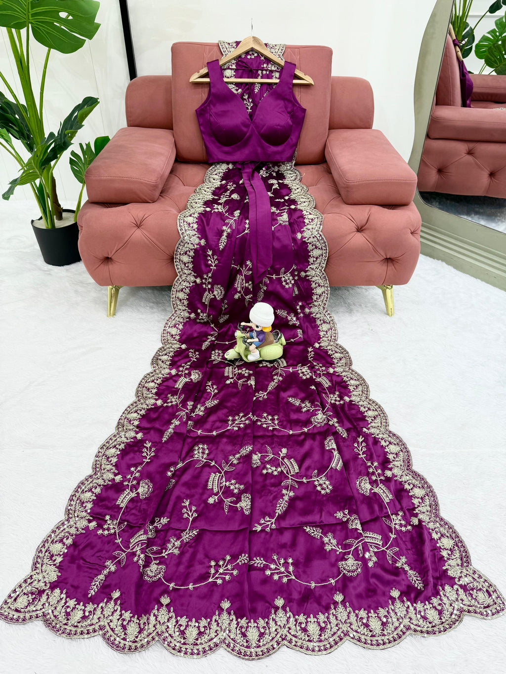 Heavy Japan Satin Silk Saree with Coding & Sequin Embroidery