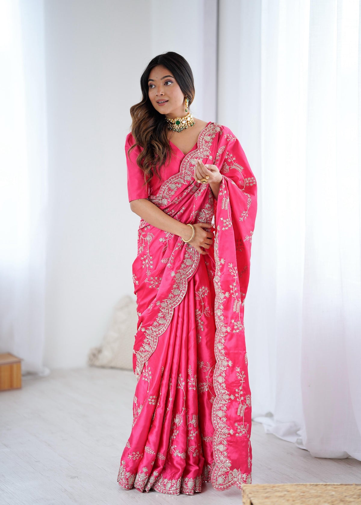 Heavy Japan Satin Silk Saree with Coding & Sequin Embroidery