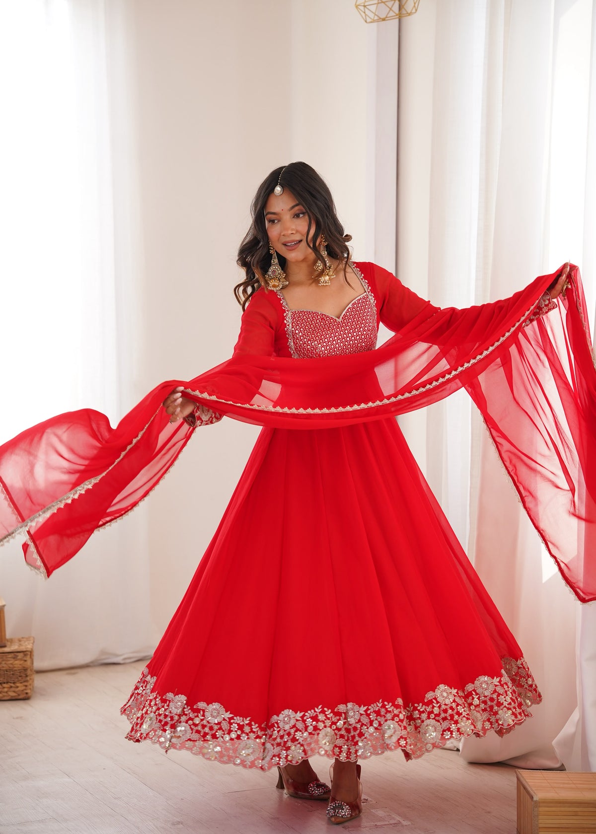 Heavy Faux Georgette Anarkali Suit with Sequin Embroidery & Lace Dupatta