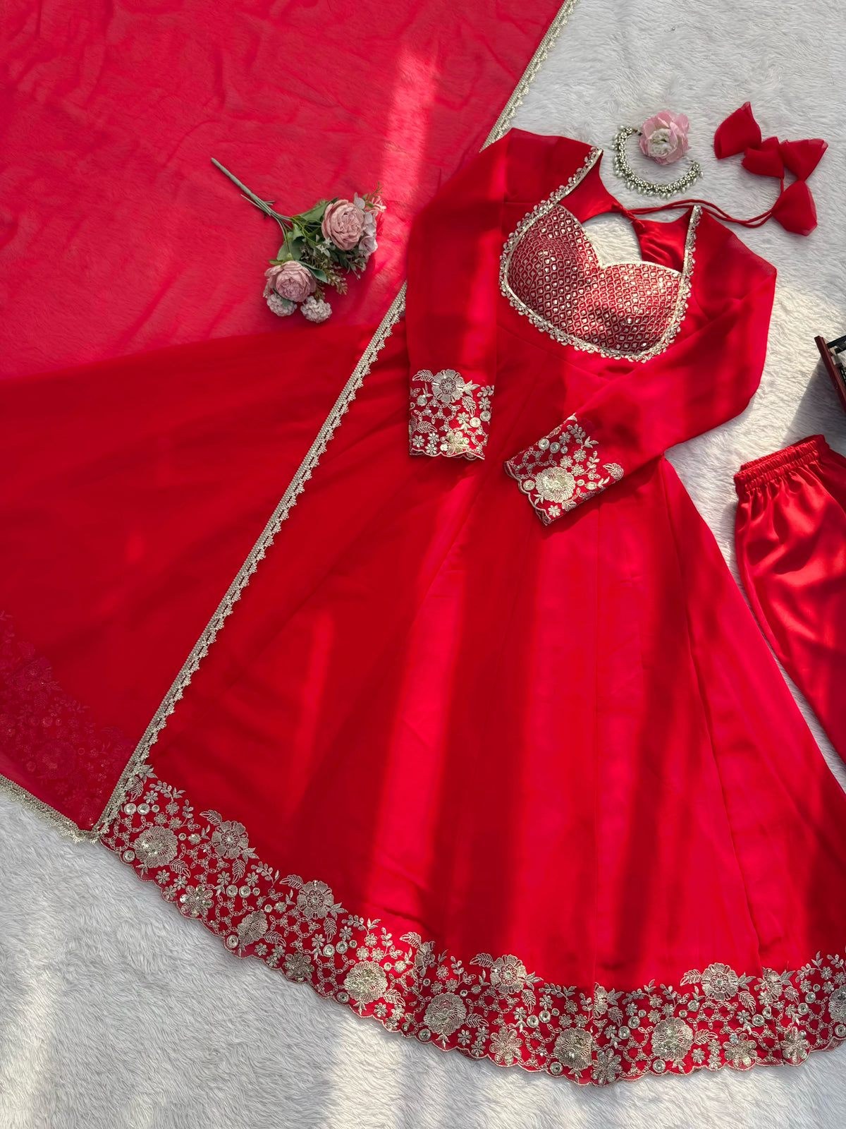 Heavy Faux Georgette Anarkali Suit with Sequin Embroidery & Lace Dupatta