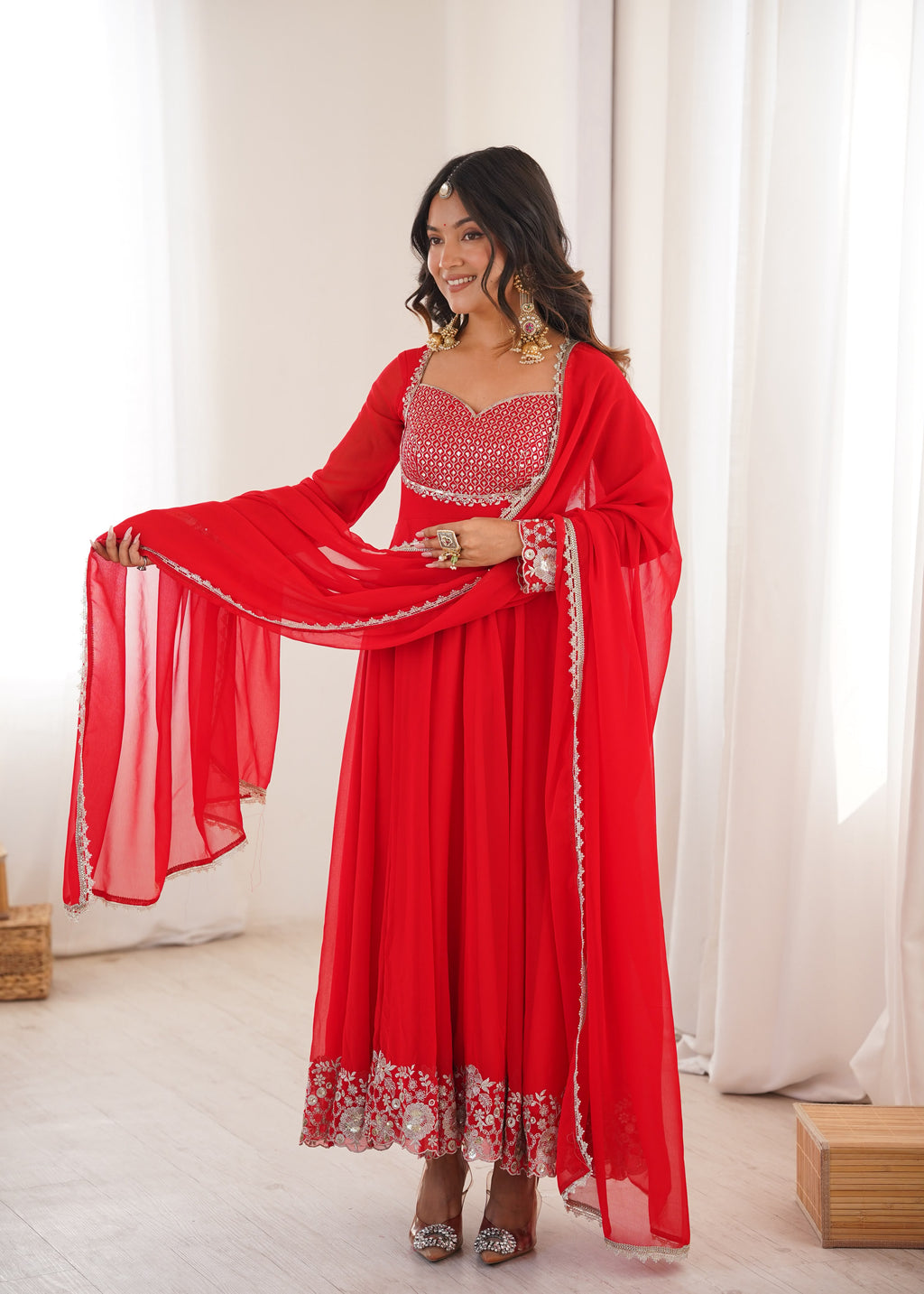 Heavy Faux Georgette Anarkali Suit with Sequin Embroidery & Lace Dupatta