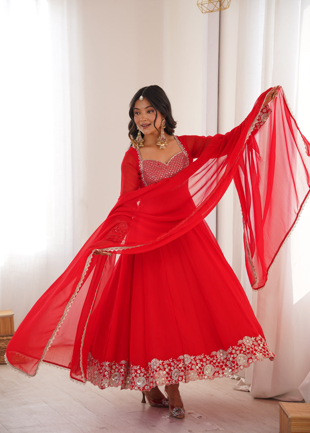 Heavy Faux Georgette Anarkali Suit with Sequin Embroidery & Lace Dupatta