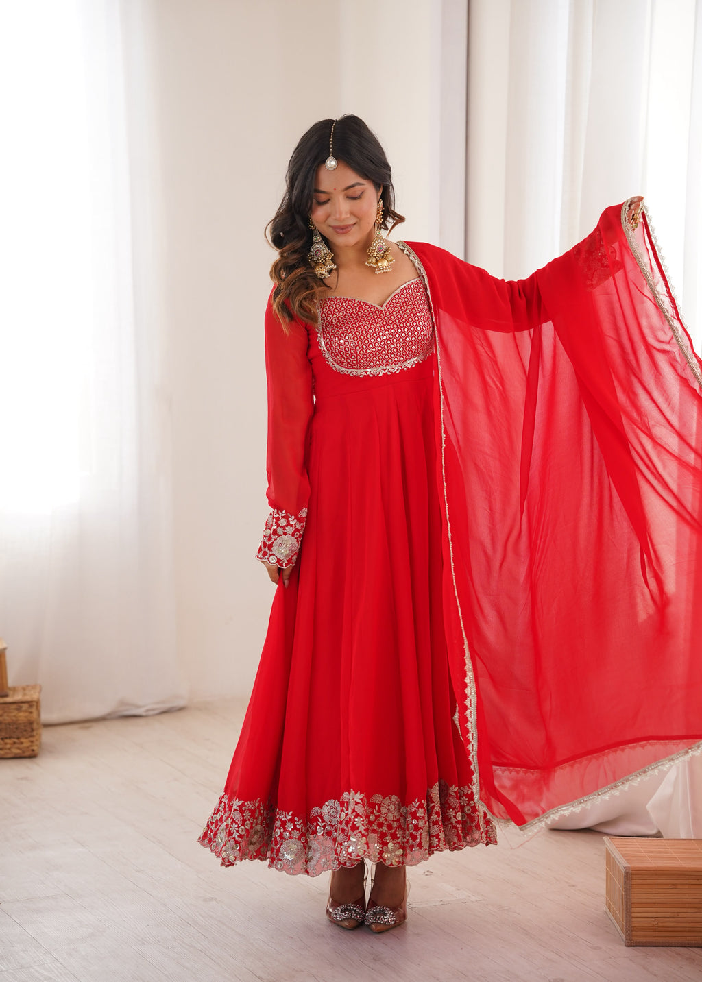 Heavy Faux Georgette Anarkali Suit with Sequin Embroidery & Lace Dupatta