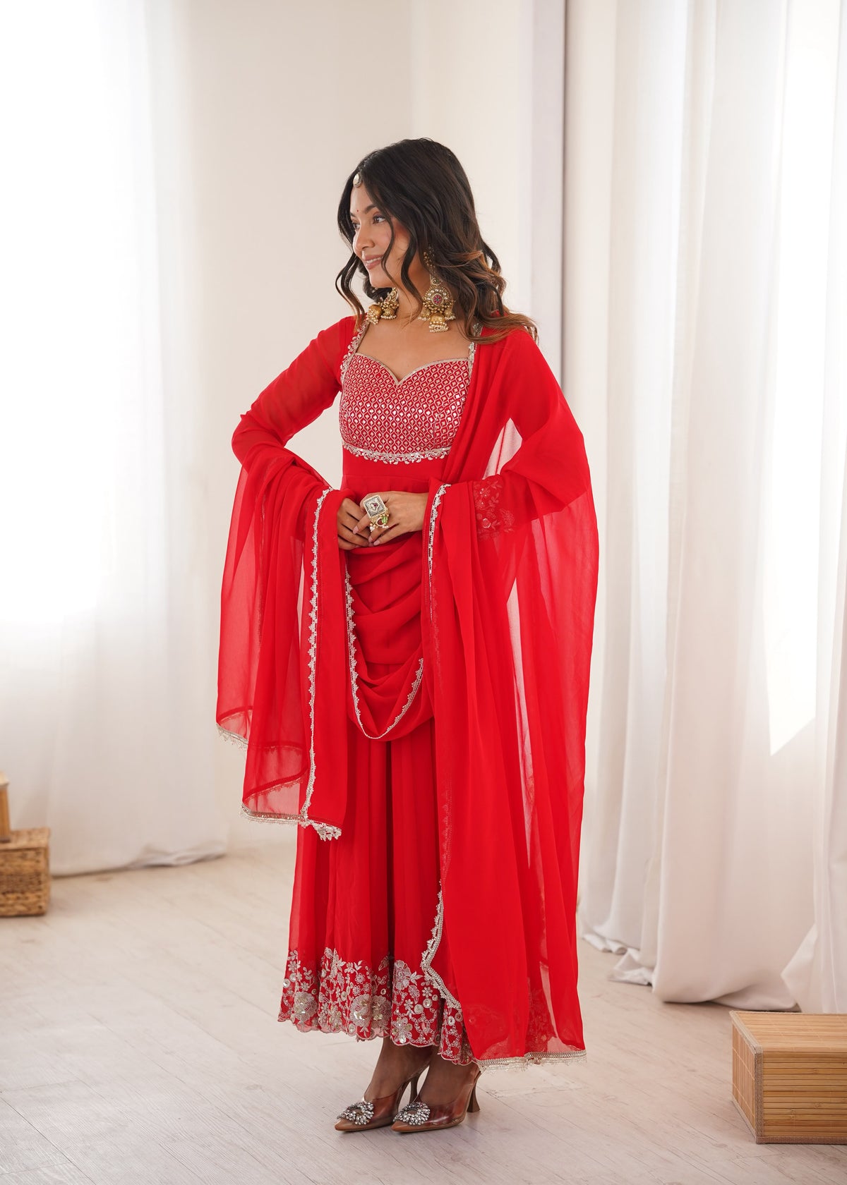 Heavy Faux Georgette Anarkali Suit with Sequin Embroidery & Lace Dupatta