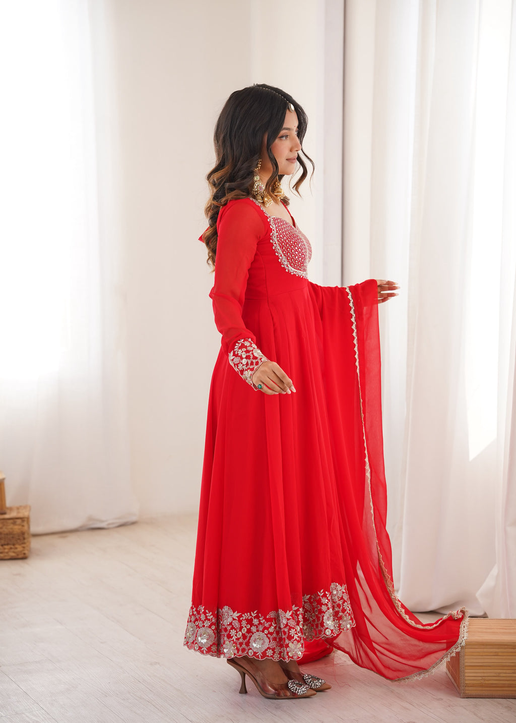 Heavy Faux Georgette Anarkali Suit with Sequin Embroidery & Lace Dupatta
