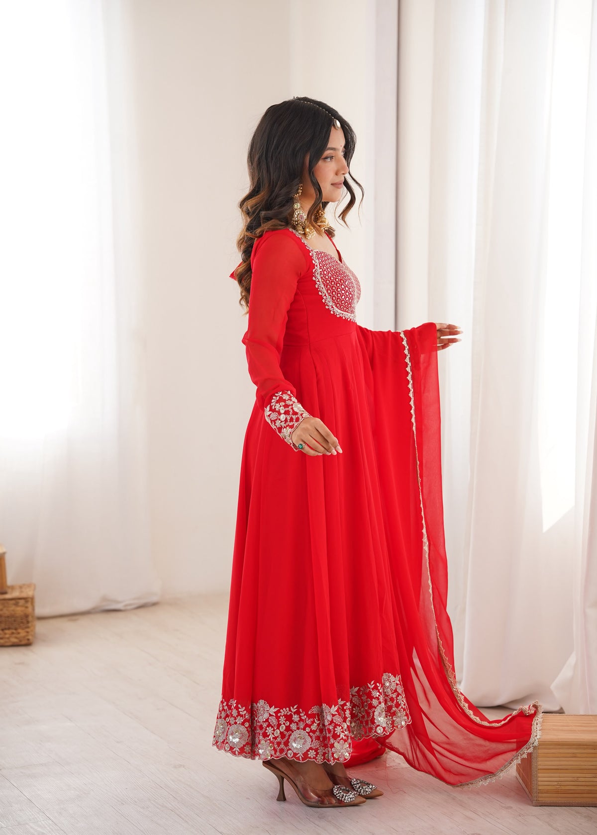 Heavy Faux Georgette Anarkali Suit with Sequin Embroidery & Lace Dupatta