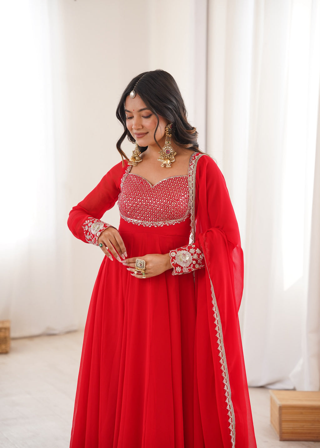 Heavy Faux Georgette Anarkali Suit with Sequin Embroidery & Lace Dupatta