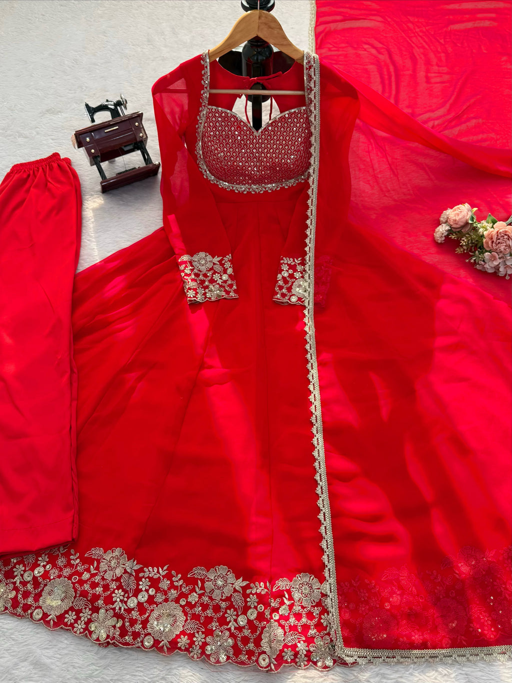 Heavy Faux Georgette Anarkali Suit with Sequin Embroidery & Lace Dupatta