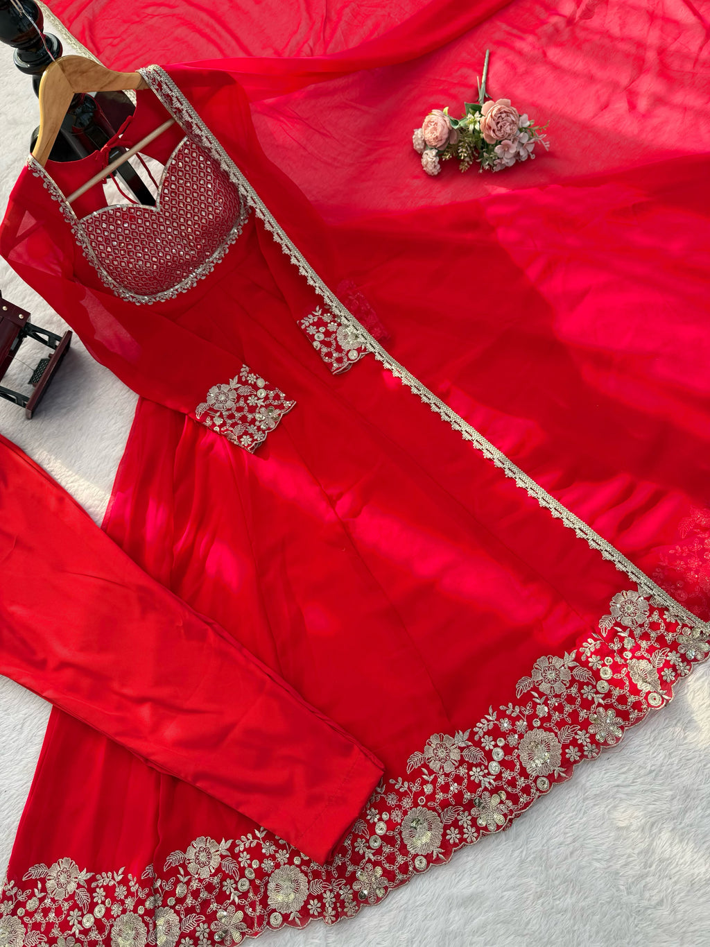 Heavy Faux Georgette Anarkali Suit with Sequin Embroidery & Lace Dupatta