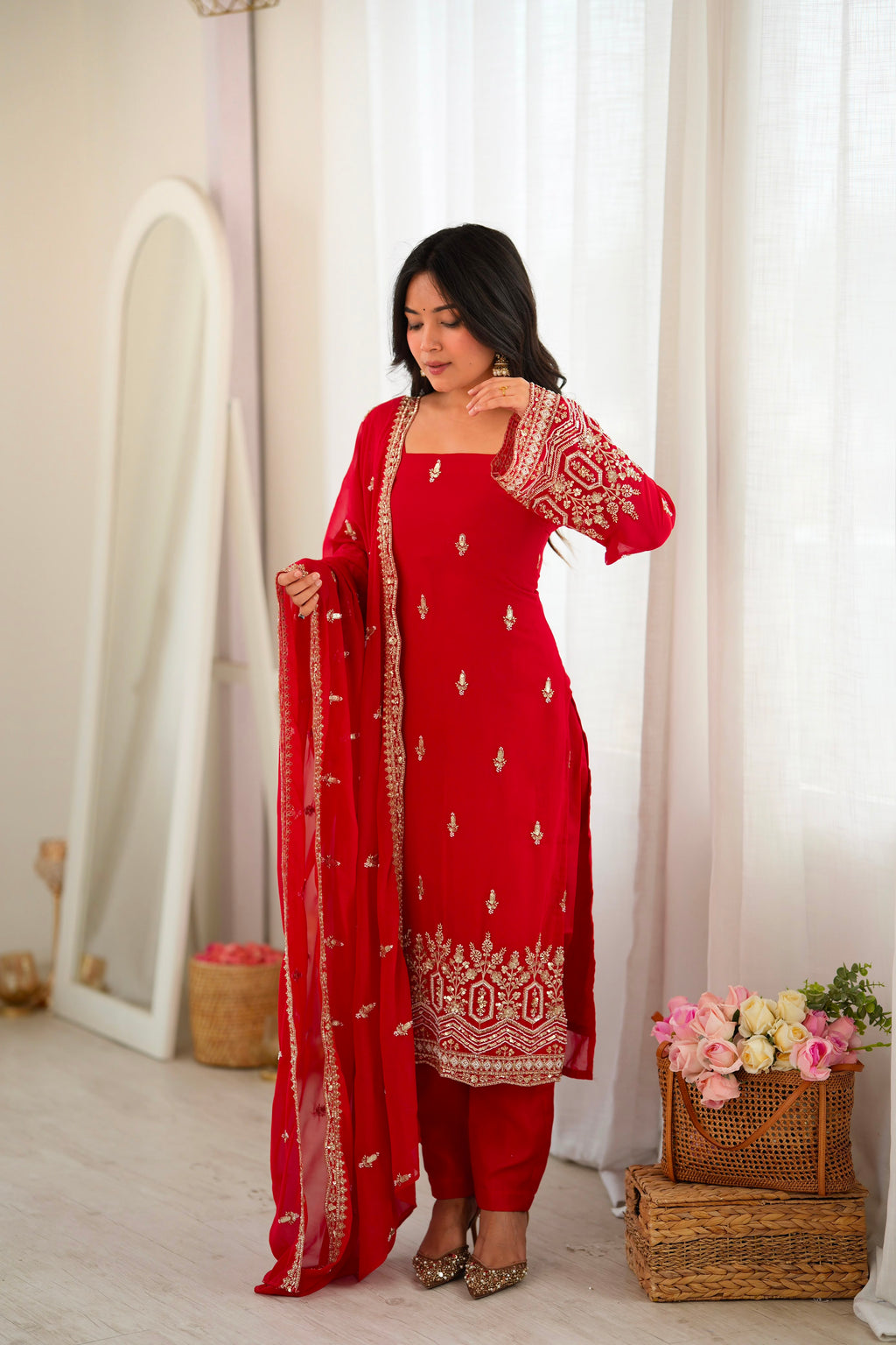 Heavy Faux Georgette Designer Suit with Beads, Thread & Sequin Work
