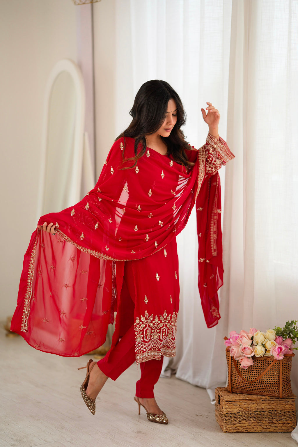 Heavy Faux Georgette Designer Suit with Beads, Thread & Sequin Work