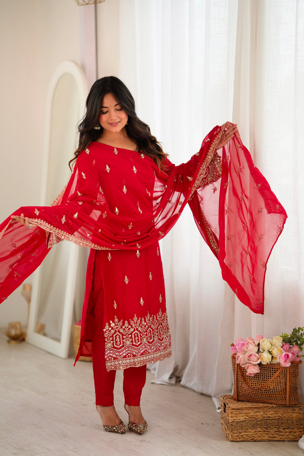 Heavy Faux Georgette Designer Suit with Beads, Thread & Sequin Work