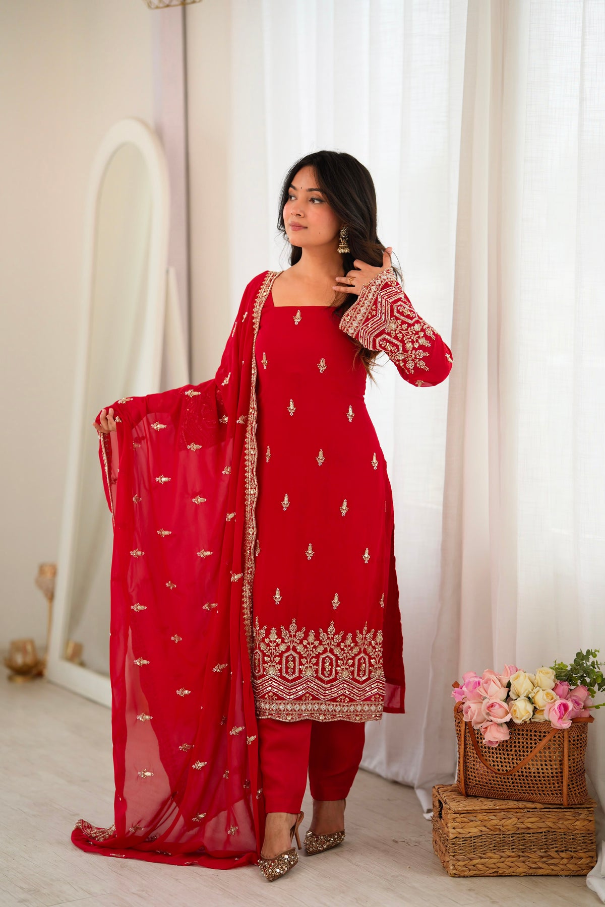 Heavy Faux Georgette Designer Suit with Beads, Thread & Sequin Work