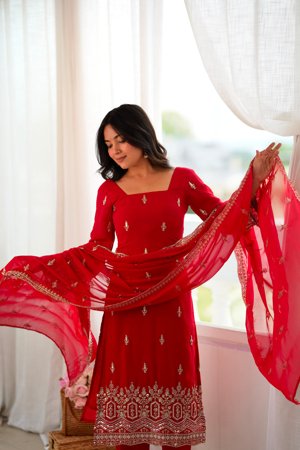 Heavy Faux Georgette Designer Suit with Beads, Thread & Sequin Work