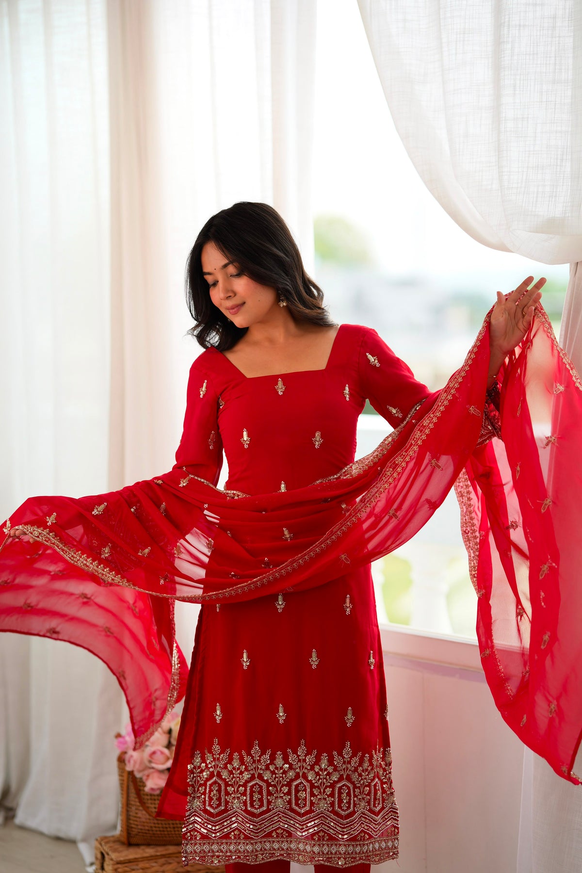 Heavy Faux Georgette Designer Suit with Beads, Thread & Sequin Work