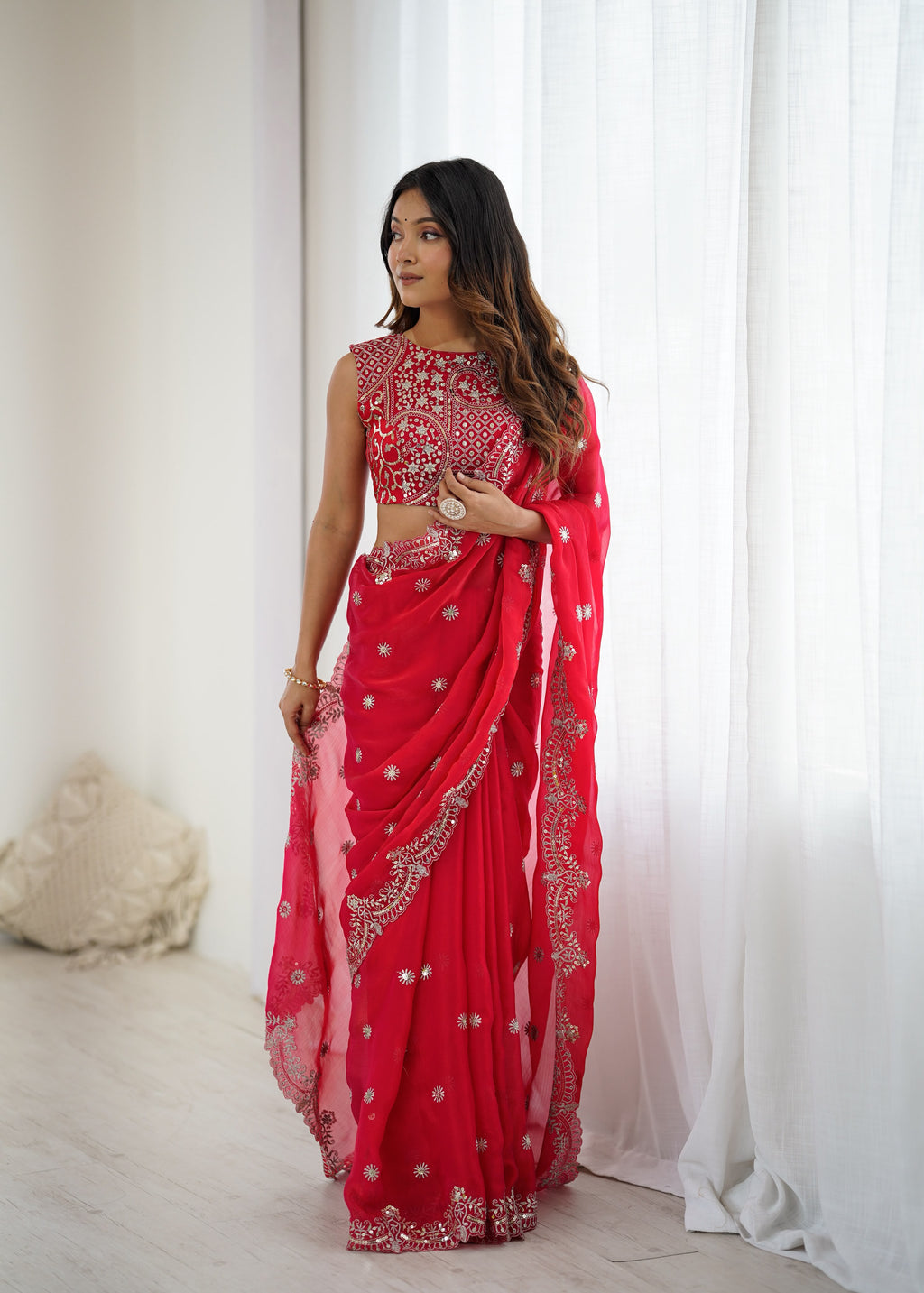 Fendy Chiffon Saree with Elegant Thread & Sequin Embroidery