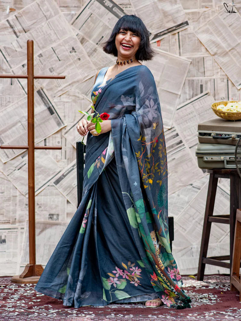 Elegant Heritage Tussle Premium Linen Cotton Digital Printed Saree with Satin Banglory Blouse