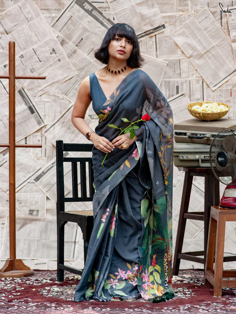 Elegant Heritage Tussle Premium Linen Cotton Digital Printed Saree with Satin Banglory Blouse