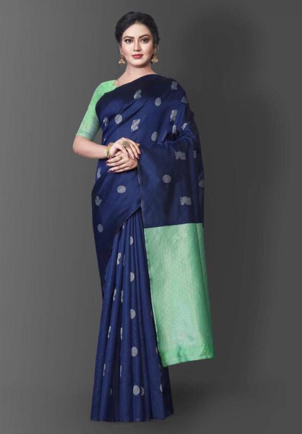 Royal Aqua Kanchipuram Navy Blue & Aqua Green Silk Saree with Rich Silver Zari Pallu