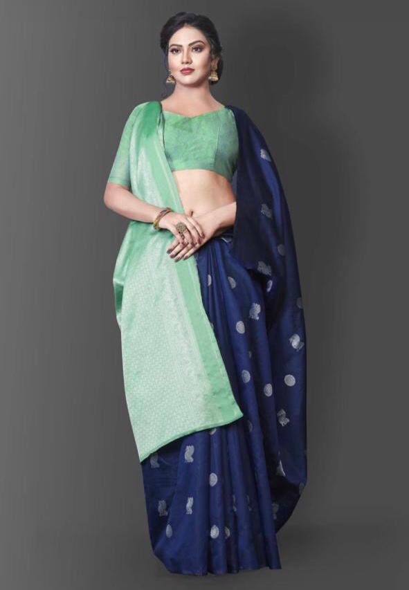 Royal Aqua Kanchipuram Navy Blue & Aqua Green Silk Saree with Rich Silver Zari Pallu