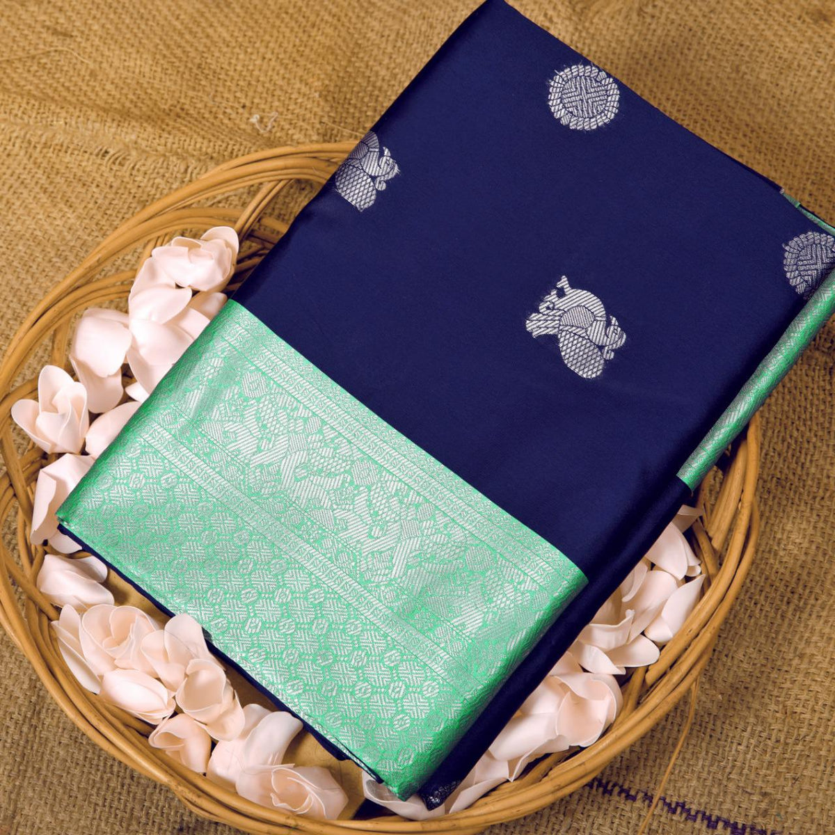 Royal Aqua Kanchipuram Navy Blue & Aqua Green Silk Saree with Rich Silver Zari Pallu