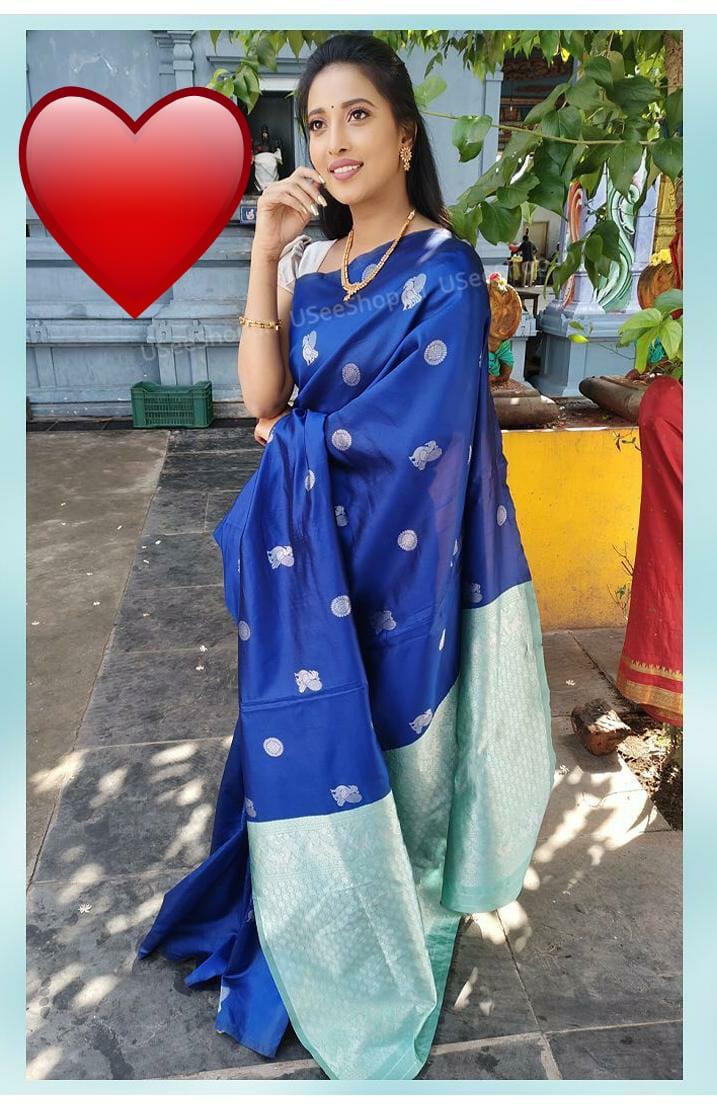 Royal Aqua Kanchipuram Navy Blue & Aqua Green Silk Saree with Rich Silver Zari Pallu