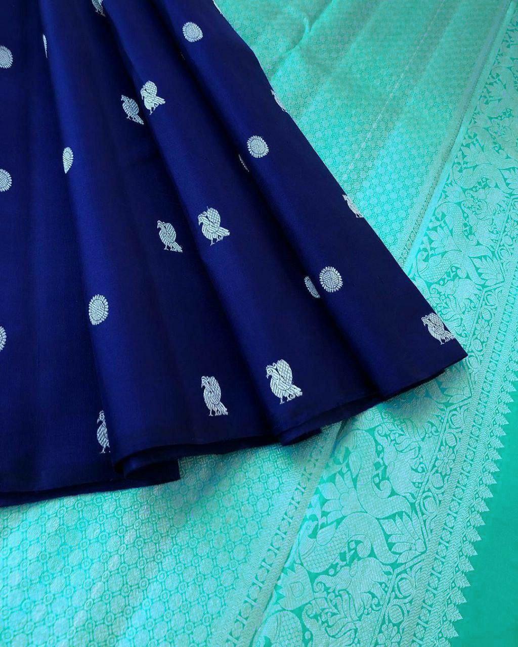 Royal Aqua Kanchipuram Navy Blue & Aqua Green Silk Saree with Rich Silver Zari Pallu