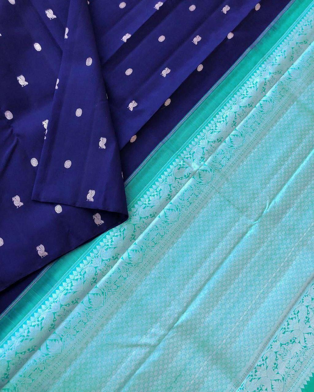 Royal Aqua Kanchipuram Navy Blue & Aqua Green Silk Saree with Rich Silver Zari Pallu