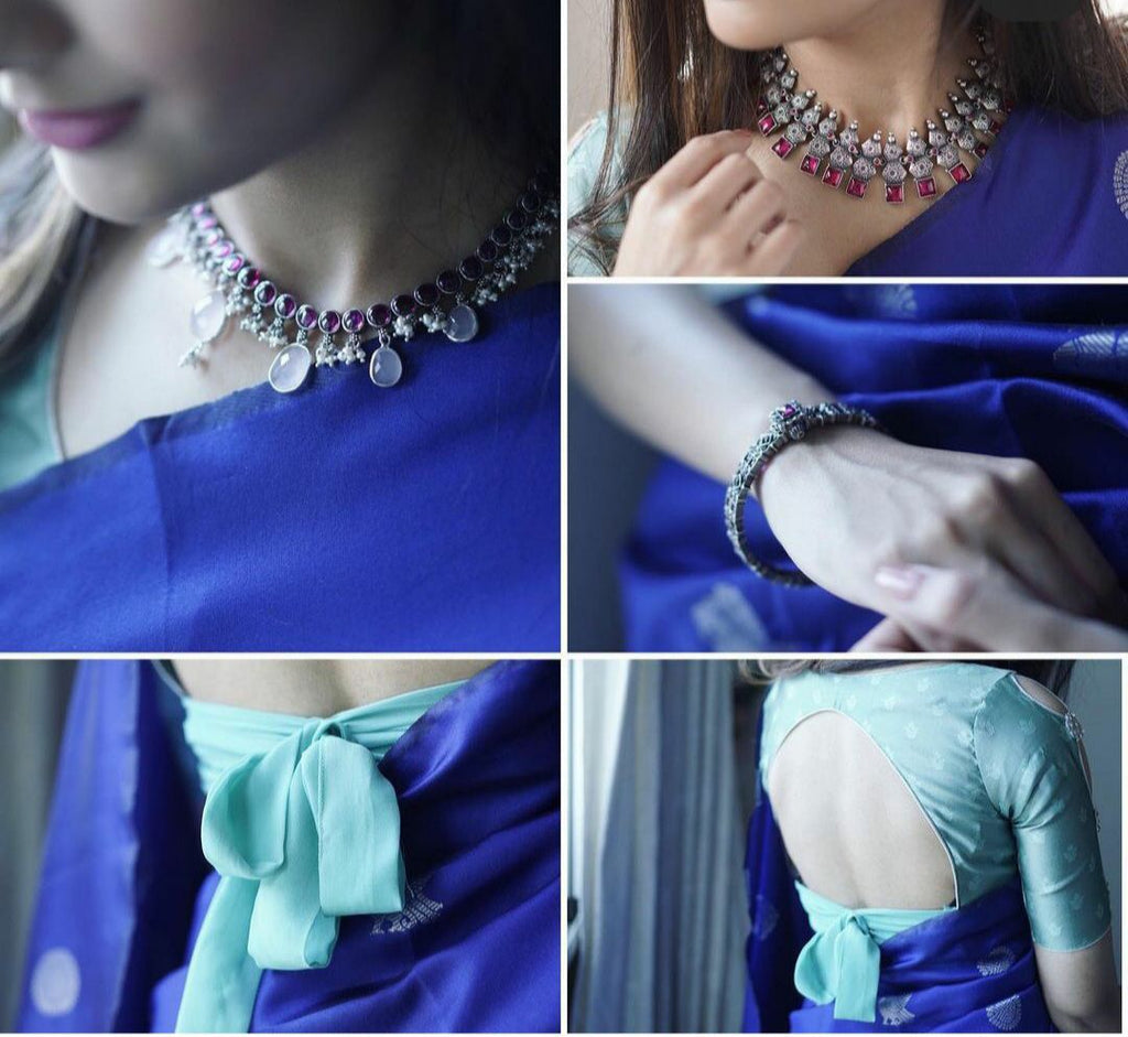 Royal Aqua Kanchipuram Navy Blue & Aqua Green Silk Saree with Rich Silver Zari Pallu