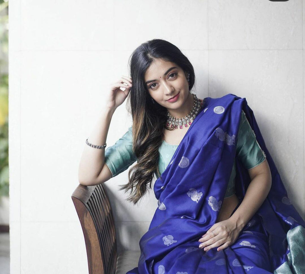 Royal Aqua Kanchipuram Navy Blue & Aqua Green Silk Saree with Rich Silver Zari Pallu