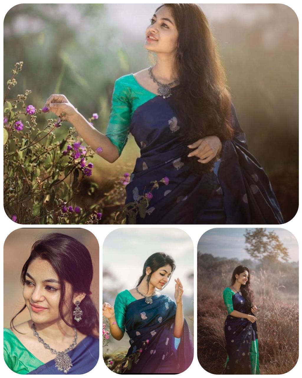 Royal Aqua Kanchipuram Navy Blue & Aqua Green Silk Saree with Rich Silver Zari Pallu