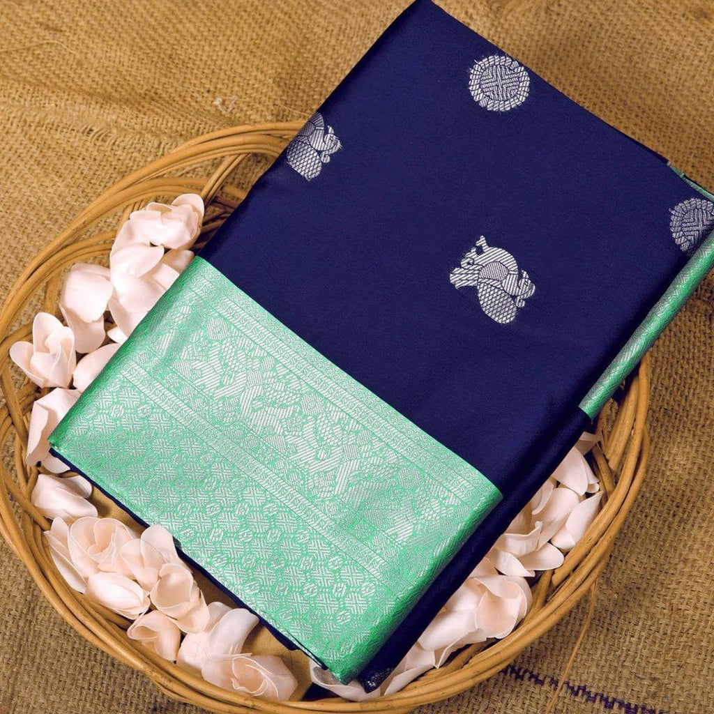 Royal Aqua Kanchipuram Navy Blue & Aqua Green Silk Saree with Rich Silver Zari Pallu