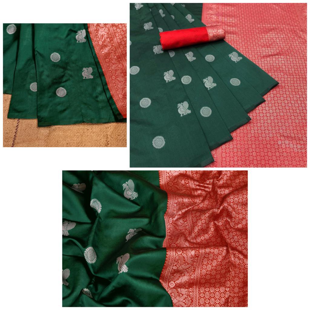Royal Aqua Kanchipuram Navy Blue & Aqua Green Silk Saree with Rich Silver Zari Pallu