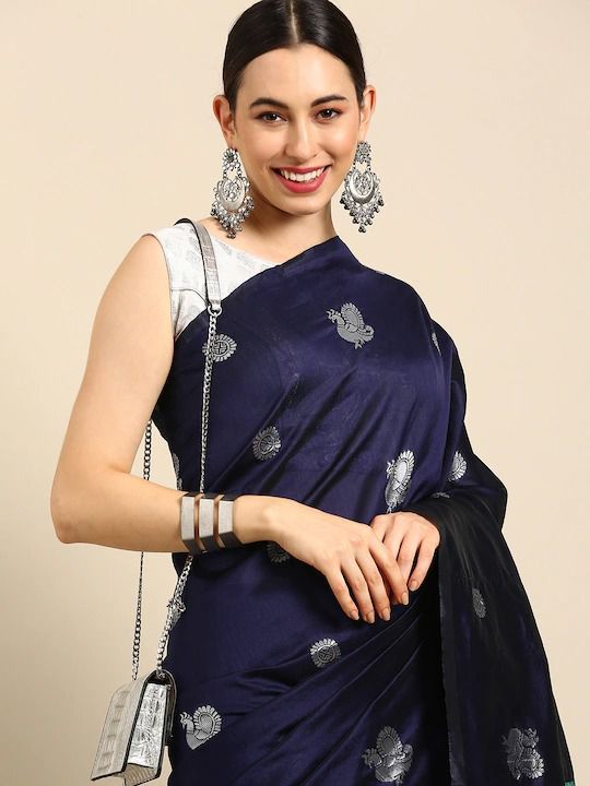 Royal Aqua Kanchipuram Navy Blue & Aqua Green Silk Saree with Rich Silver Zari Pallu