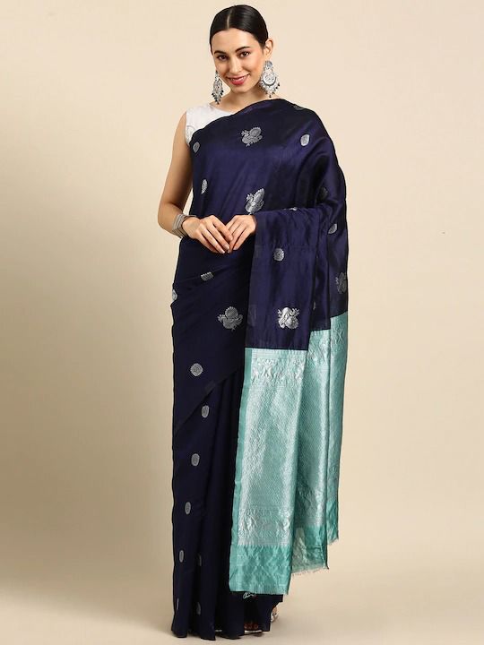 Royal Aqua Kanchipuram Navy Blue & Aqua Green Silk Saree with Rich Silver Zari Pallu