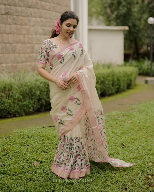 Elegant Blossom Digital Print Linen Cotton Saree with Matching Blouse