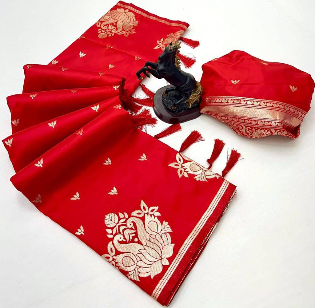 Banarasi Silk Saree with All-Over Jacquard Weave, Rich Pallu & Heavy Tassel Detailing