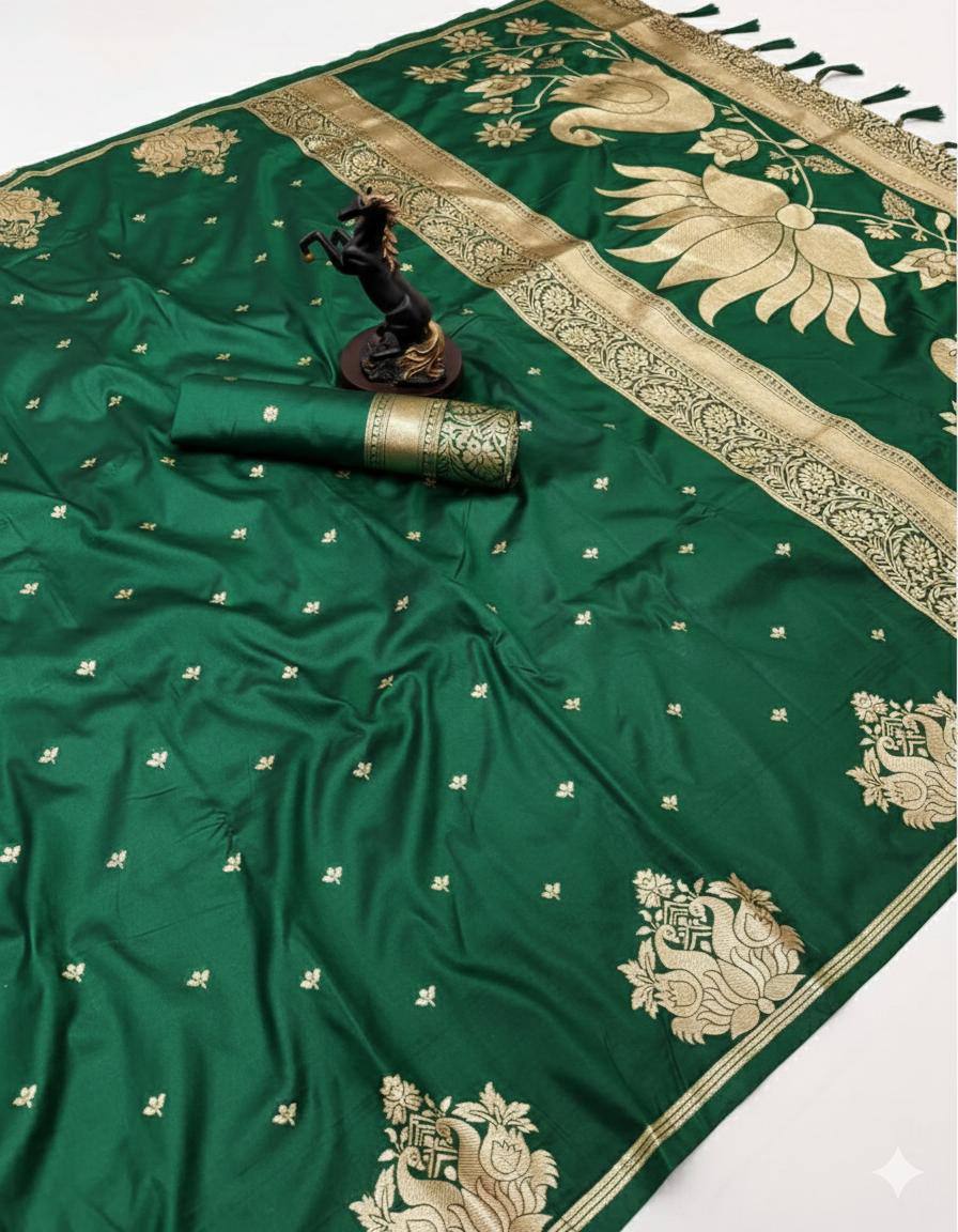Banarasi Silk Saree with All-Over Jacquard Weave, Rich Pallu & Heavy Tassel Detailing
