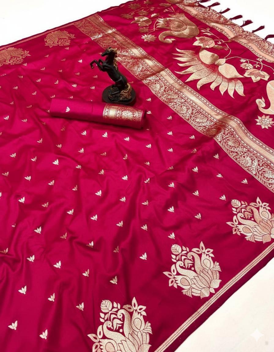 Banarasi Silk Saree with All-Over Jacquard Weave, Rich Pallu & Heavy Tassel Detailing