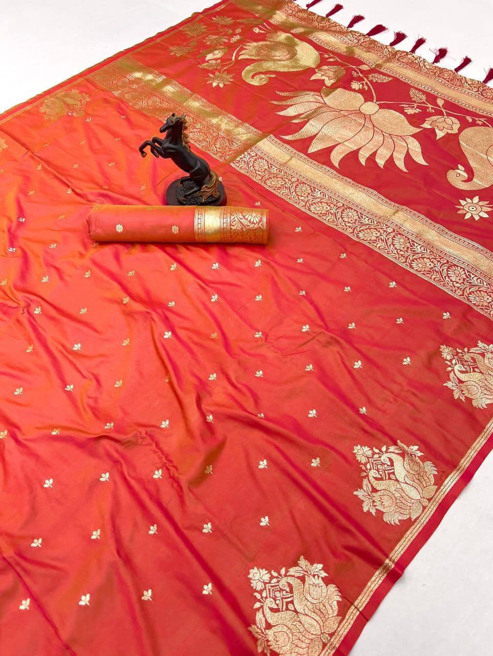 Banarasi Silk Saree with All-Over Jacquard Weave, Rich Pallu & Heavy Tassel Detailing