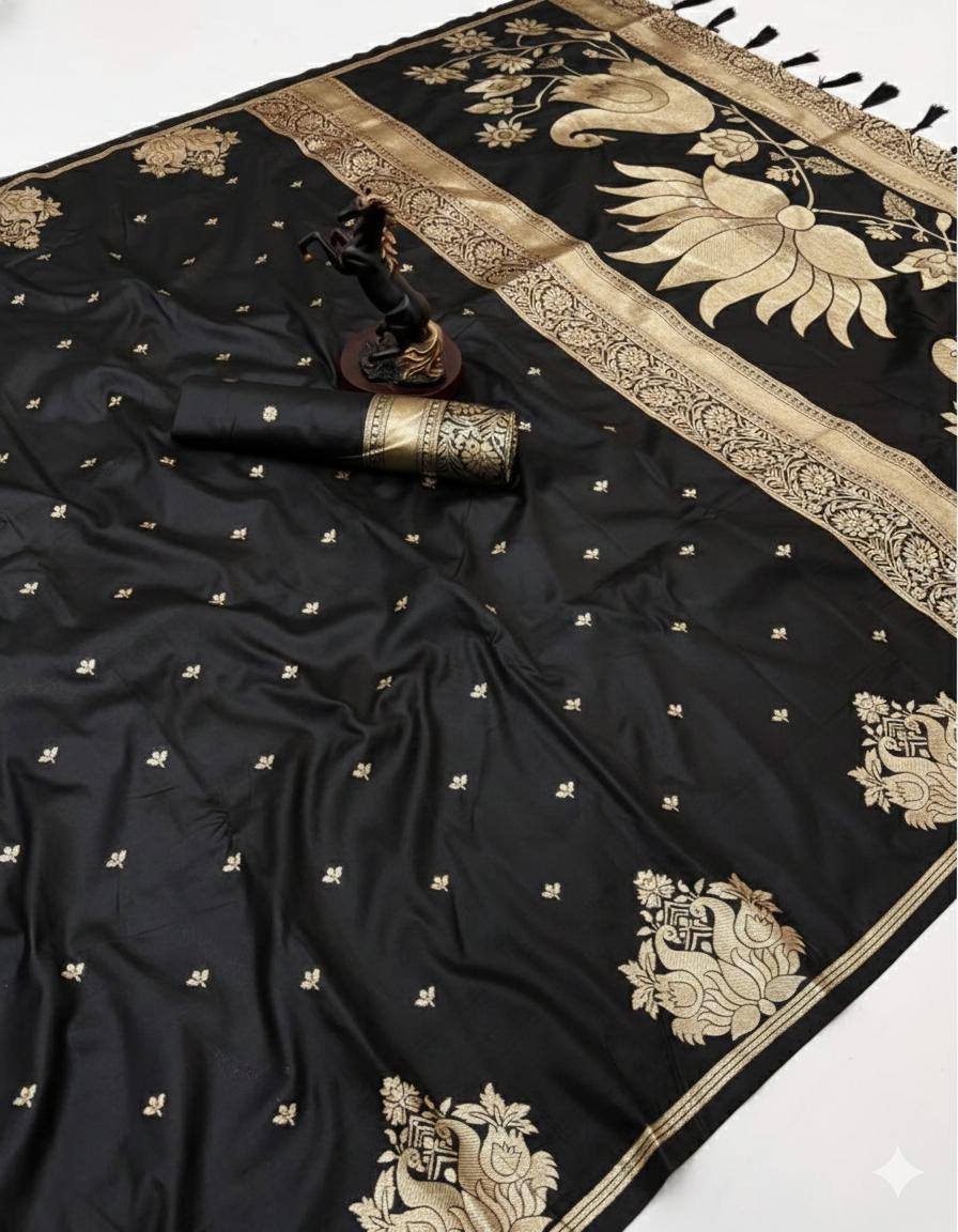 Banarasi Silk Saree with All-Over Jacquard Weave, Rich Pallu & Heavy Tassel Detailing