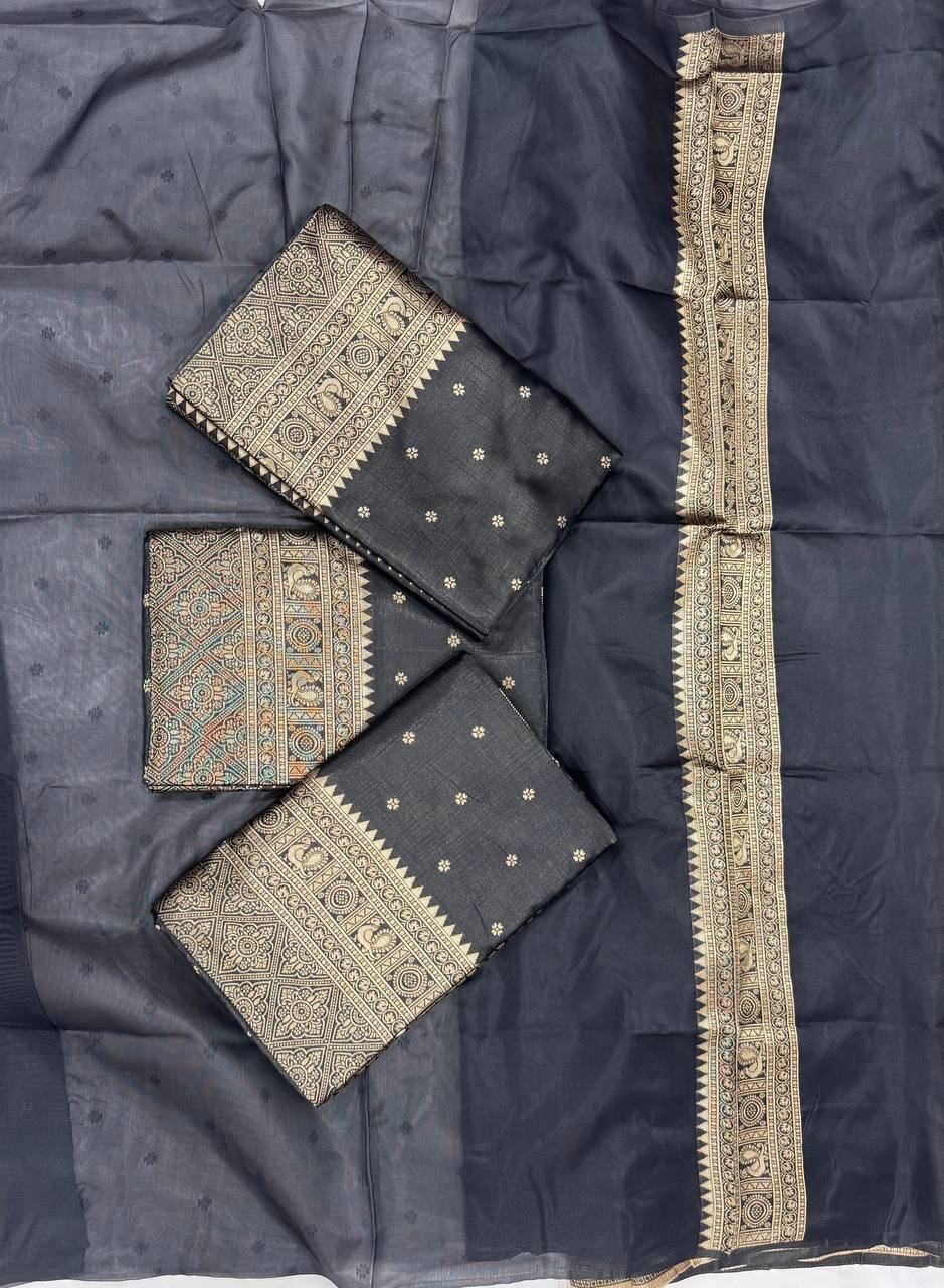 Lichi Silk Saree with Intricate All-Over Jacquard Weave & Grand Pallu Blouse Border Detail