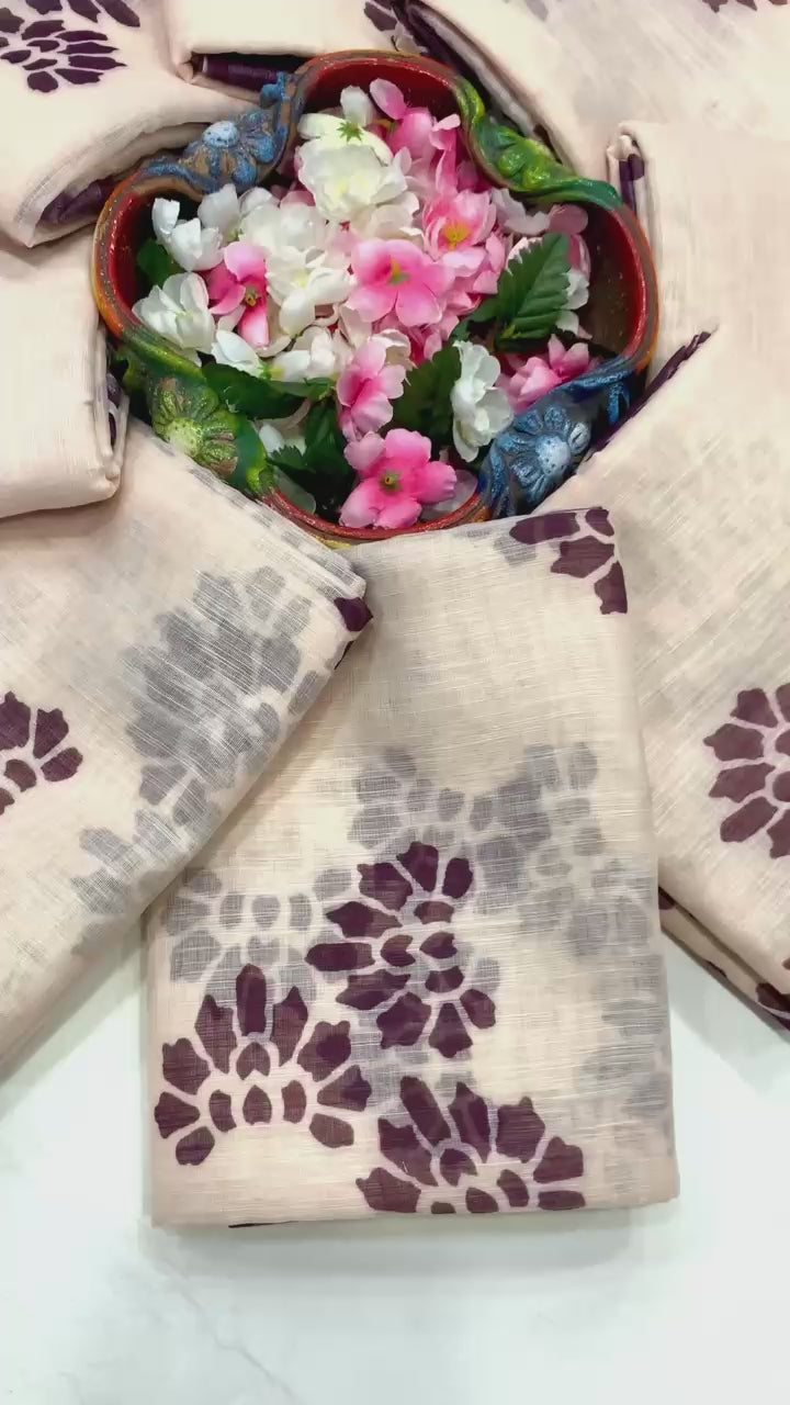 Wine Paw Elegance Silver Patta Weaving Linen Cotton Saree with Paw Print Digital Design & Matching Blouse
