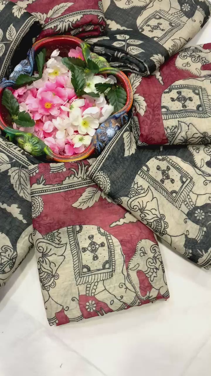 Elephant & Duck Linen Cotton Digital Printed Saree