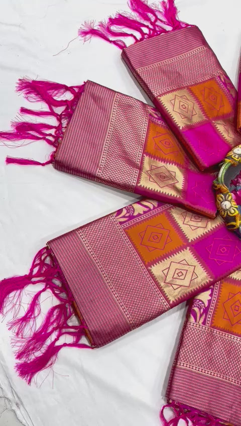 Soft Lichi Silk Jacquard Work Saree with Rich Pallu and Zahlar Tassels