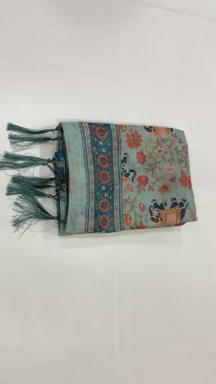 Floral & Animal Rich Pallu Linen Cotton Saree with Zahlar Tussle