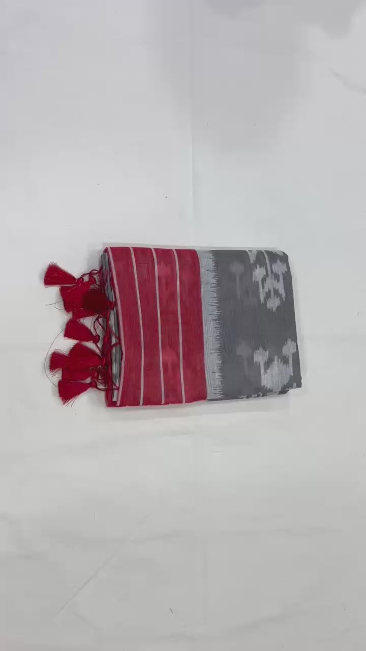 Lucky Leaf Charm Linen Cotton Digital Printed Saree with Elegant Leaf Motifs, Matching Blouse & Zahlar Tussle