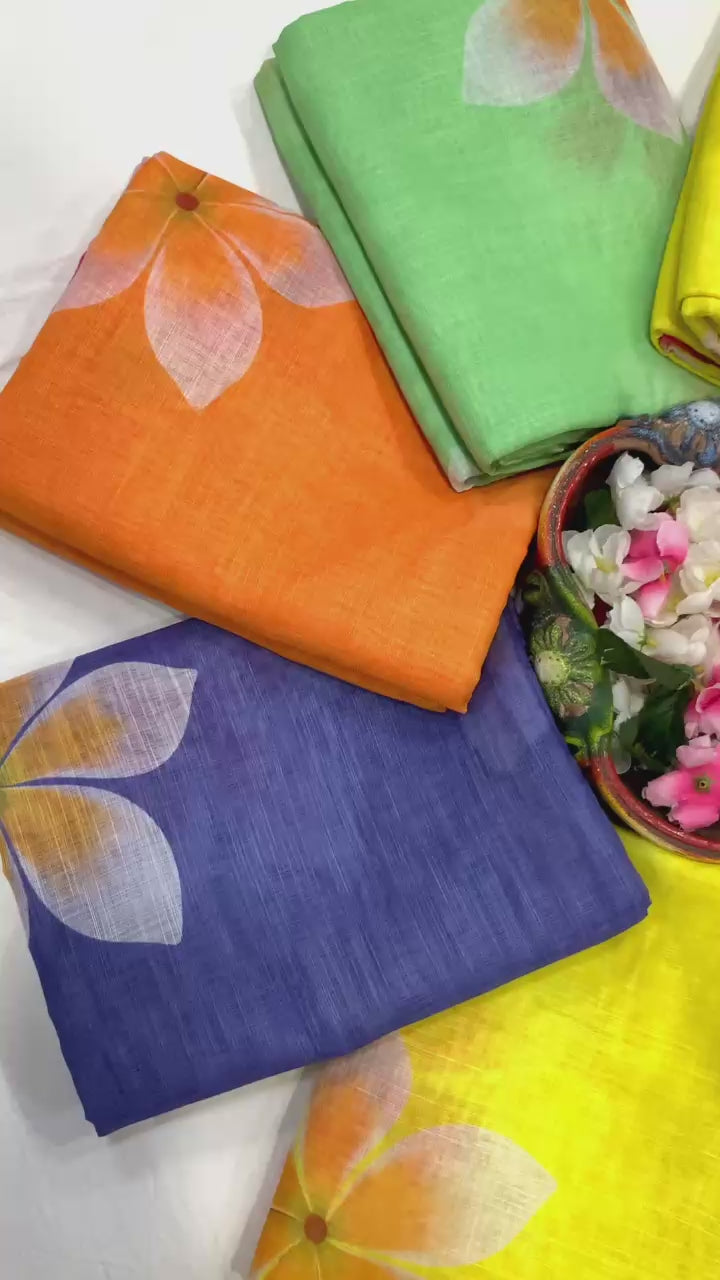 Floral Elegance Premium Linen Cotton Digital Printed Saree with Satin Banglory Blouse